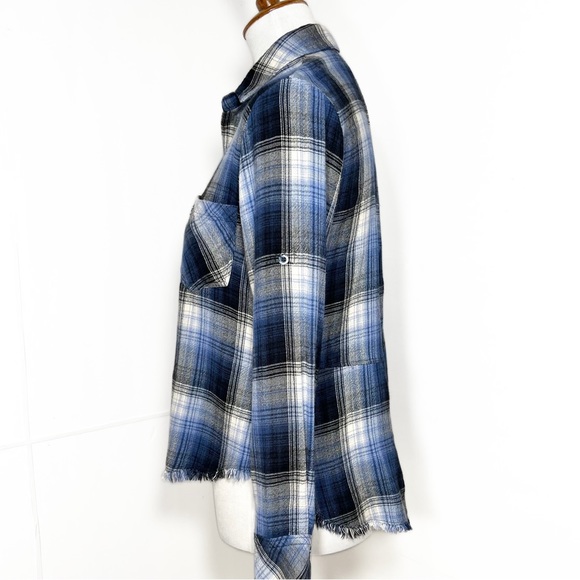 Anthropologie Blue Plaid High Low Fringe Hem Roll Sleeve Buttondown Shirt - Picture 7 of 12